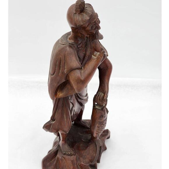 Vintage Asian Chinese Fisherman Hand Carved Wooden Sculpture Sage Elder Fish 12" - Picture 7 of 16